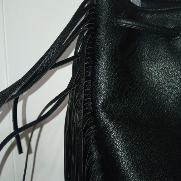 Victoria Secret black Drawstring Backpack With Fringe down both sides main image 5